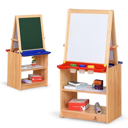 Dual-Sided Magnetic Art Easel, Wooden Activity Station w/ 2-Tier Storage Cabinet, Art Center for Toddlers, Classroom Whiteboard & Chalkboard