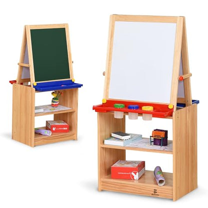 Dual-Sided Magnetic Art Easel, Wooden Activity Station w/ 2-Tier Storage Cabinet, Art Center for Toddlers, Classroom Whiteboard & Chalkboard