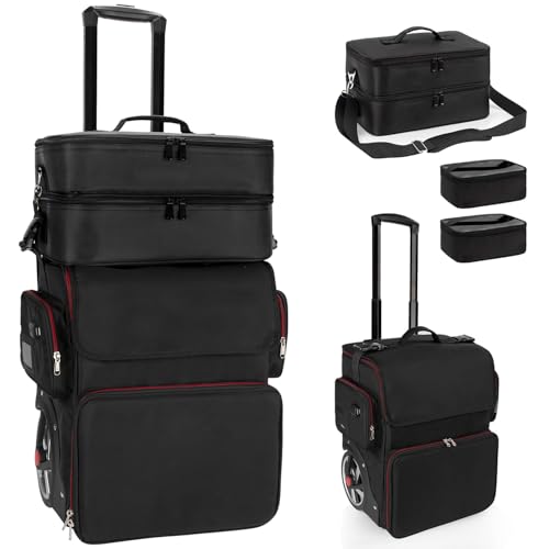 Large Makeup Train Case with a Large Makeup Travel Bag for Hairstylist, Hairdresser Bag with Detachable Pouch,Heat Insulation and Anti-scalding Full layer for Hairdressing Tool Organizer, Big wheels - color: Black- 2 in 1