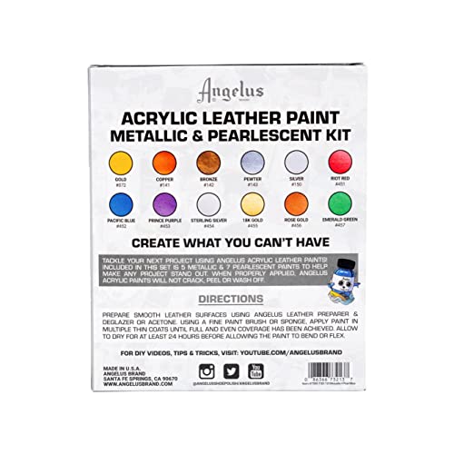 Angelus Acrylic Leather Paint Kit Metallic & Pearlescent 12 Pack Set (1 oz each) - Professional Metallic Acrylic Paint - Flexible, Crack, Peel Resistant for Shoes, Sneakers, Canvas, Demin, Wood