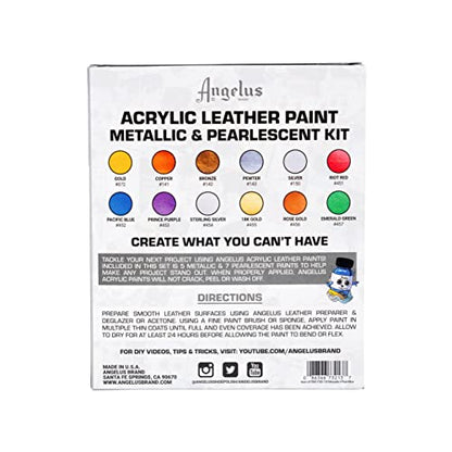 Angelus Acrylic Leather Paint Kit Metallic & Pearlescent 12 Pack Set (1 oz each) - Professional Metallic Acrylic Paint - Flexible, Crack, Peel Resistant for Shoes, Sneakers, Canvas, Demin, Wood
