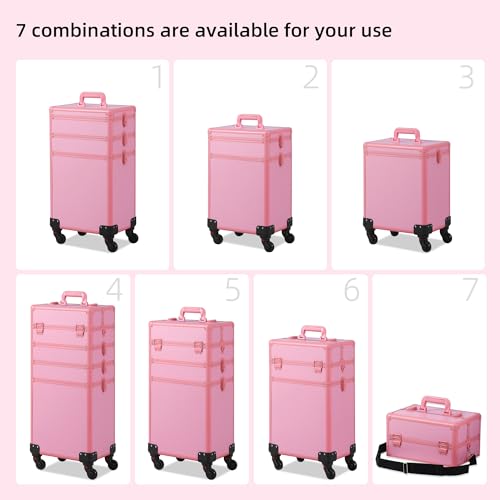Somduy Makeup Train Case, Rolling Makeup Case with Lid, 5 in 1 Cosmetology Case on Wheels, Christmas Gift, Large Makeup Case Organizers, Profesional Cosmetic Case for Salon Barber, Pink - color: Pink