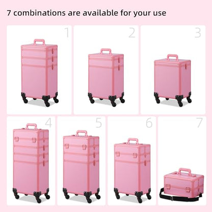 Somduy Makeup Train Case, Rolling Makeup Case with Lid, 5 in 1 Cosmetology Case on Wheels, Christmas Gift, Large Makeup Case Organizers, Profesional Cosmetic Case for Salon Barber, Pink - color: Pink