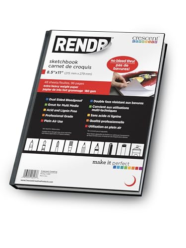 RENDR Hardbound Sketchbook 8.5x11, Bleed-Proof Paper for Alcohol Markers, Copic and Ink | 180 GSM, No Show-Thru, 48 Sheets