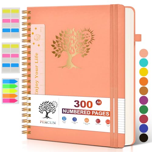 PERCUN Spiral Notebook 300 Numbered Lined Pages Hardcover Journal 8.5"x11" | College Ruled Spiral Bound Notebook with Tabs, A4 Large Leather Journal for Women Men, Work, School, Writing & Note Taking - color: Pink, size: A4 size (8.5in x 11.5in)