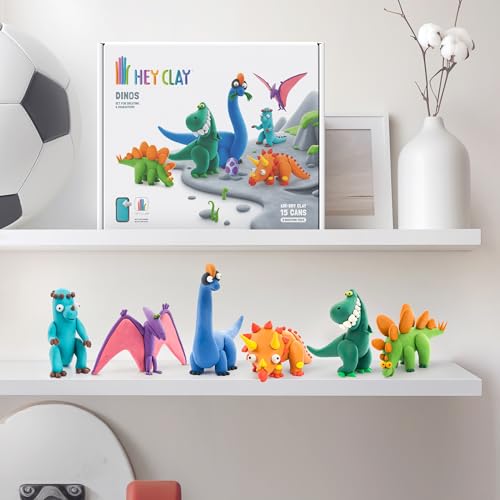 Hey Clay 15 Cans Set - Colourful Modelling Kids Air-Dry Clay 15 Cans with Sculpting Tools and Fun Interactive Instructions for Children Age 3+ (Dinos) - style: Dinos