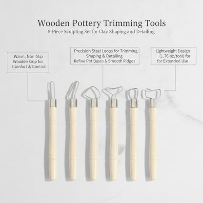 Wooden Pottery Trimming Tools, 5-Piece Sculpting Set for Clay Shaping and Detailing, Handheld Carving Kit for Wheel Throwing and Hand Building (Set of 5) - color: Beige