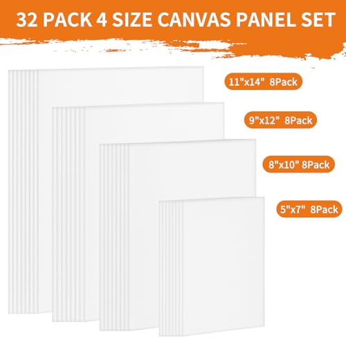 FIXWAL Canvas Boards for Painting 32 Pack, with 8x10, 9x12, 11x14, 5x7 Canvases for Painting Art Paint Canvas Panels Gesso Primed Acid-Free 100% Cotton White Blank Flat Canvas Boards - style: 32Pack