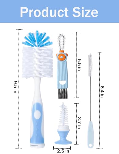 Baby Bottle Brush Set, Bottle Cleaner,2Pcs Bottle Brush with Stand, 2 Hidden Nipple Brush, 2 Straw Brush, 1 Lid Brush, Nylon Bottles Brush Cleaner for Baby Bottle, BPA-Free(Blue) - color: Blue-nylon & Nylon Brush