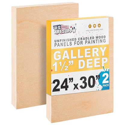 U.S. Art Supply 24" x 30" Unfinished Cradled Wood Panels for Painting, Gallery 1-1/2" Deep (2 Pack) - Artist Depth Wooden Wall Canvases - Mixed-Media Craft, Acrylic, Oil, Encaustic, Paint Pouring - size: 24" x 30"