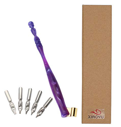 XIAOYU Calligraphy Oblique Nib Pen Holder, English Calligraphy Pen Nib Holder, Resin Dip Pen Handle Nib Holder with 5 Flat Nibs, Blue and Pruple - color: Blue & Pruple