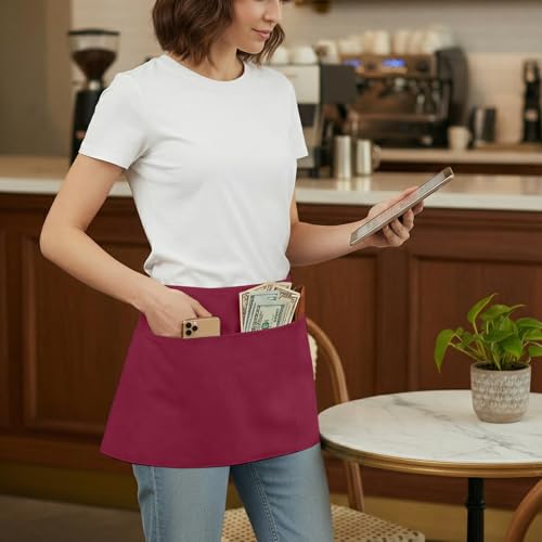 BOHARERS Waist Apron with 3 Pockets 12 Pack - Red Waitress Server Short Apron - color: F-12 Pack Red