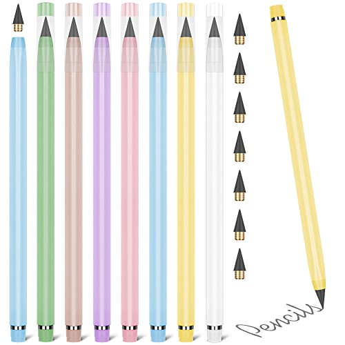 HOTUT Inkless Pencil,7PCS Infinity Pencils with Extra 7 Eraser Reusable Inkless Everlasting Pencil with 7 Replaceable Nibs for Students Writing Drawing Home Office School Supplies - color: Light Multicolor