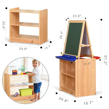 Dual-Sided Magnetic Art Easel, Wooden Activity Station w/ 2-Tier Storage Cabinet, Art Center for Toddlers, Classroom Whiteboard & Chalkboard