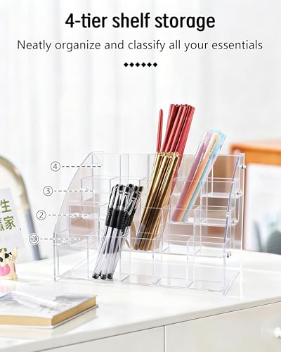 Slanted Acrylic Pencil Holder for Desk, 4 Tier Multi-Compartment Pen Storage Organizer | Clear Desktop Stationary Cup & Brush Display Case with Durable Hardware - size: 4 Layers