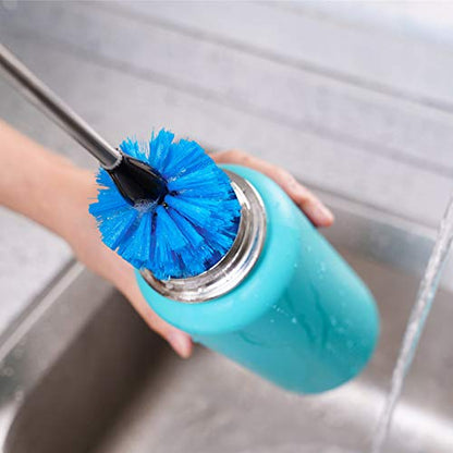 MOSOLAN Stainless Steel Bottle Brush with Replaceable Head, 2 Pack Long Handle Scrubbing Brush for Water Bottles, Glasswares, Mugs, Flasks, Tumblers, Vases, and Kitchen Sink, Blue, 13 in - 15 in - color: Blue, size: 13-15 Inch (Pack of 2)