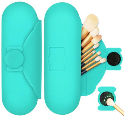 Travel Makeup Brush Holder with Cleaning Pad -Silicone Brush Organizer Case, Magnetic Closure Waterproof Cosmetic Bag for Easy Storage & On-the-Go Cleaning (9.05 Inch) - color: Ocean Blue