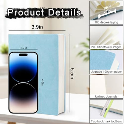 Thick Blank Journal Notebook 400Pages Sketch Book Blank Journal Unlined No Lines Soft Leather Cover A6 (3.9 × 5.5) Journal Leather Notepad Drawing Book Memo Writing Sketch Pad Diary Notebook - color: Sky Blue-400 Page