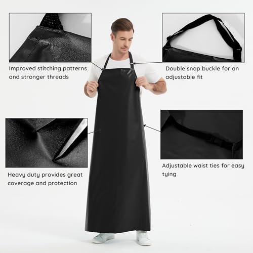 Thicker Rubber Apron, Extra Long Adjustable Apron, Heavy Duty Oil&Chemical Resistant Waterproof Work Aprons - color: Black