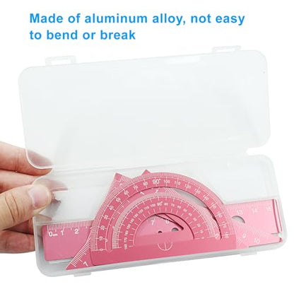 4 Pcs Triangular Ruler Set, Aluminum Alloy Geometry Tools, Metal Drafting Ruler for Students, Draftsmen, Engineers, School Office Supplies with Protractor & Metric Scales (Pink) - color: Pink