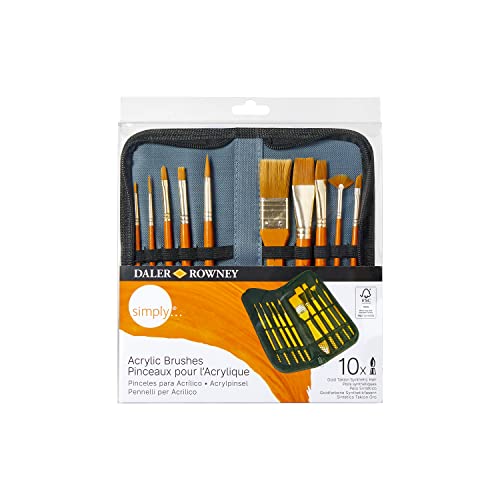Daler-Rowney Simply Acrylic Brush Set in Zip Case, 10 x Assorted Gold Taklon Synthetic Hair Brushes, Short Handle, Ideal for Entry-Level Artists & Hobbyists