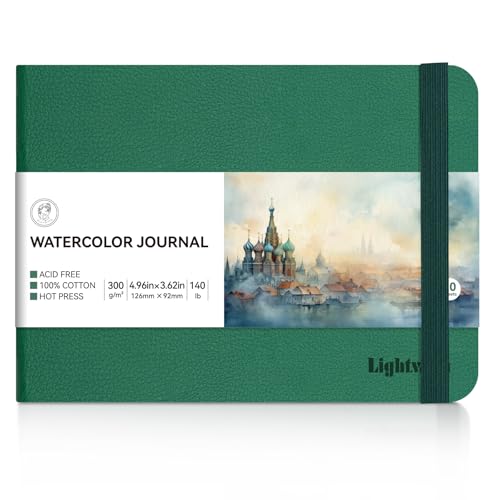 Lightwish Watercolor Journal, 100% Cotton Hot Press Art Supplies Small Watercolor Paper Sketchbook 4.96” x 3.62”, 20 Sheets (140lb/300gsm), Acid-Free for Watercolors, Gouache, Acrylics - color: Green, size: 4.96*3.63 Inches