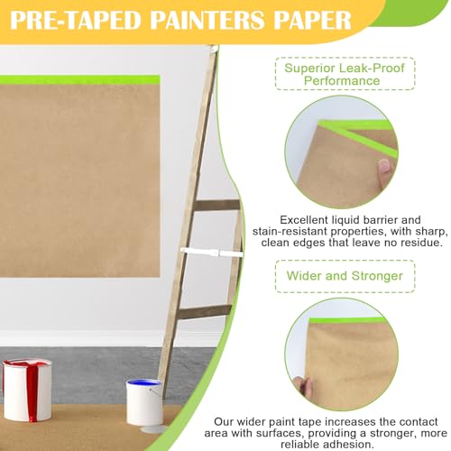 Pre-Taped Masking Paper for Painting,12" x50Feet Adhesive-Backed Tape and Drape Painters Paper Roll,Protective Covering for Car Painting,Auto Detailing,Skirting&Trim Surface Protection - color: Green