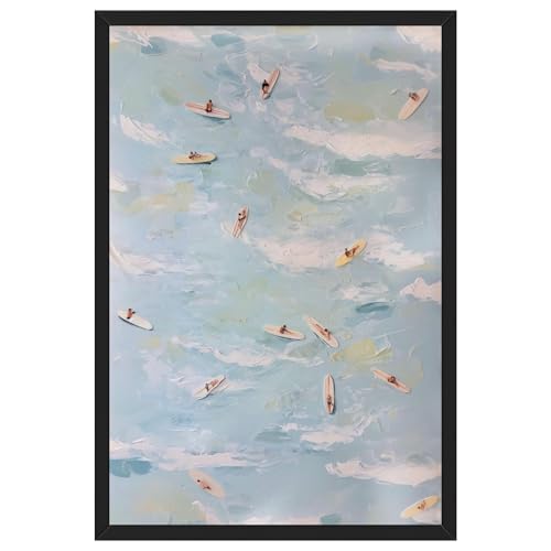 Aerial Surfers Posters Abstract Coastal Wall Art Canvas Print Blue Ocean View With Mini Surfboards Surf Painting Picture Decor for Bedroom Bathroom Modern Beach House Artwork 8x12inch Black Frame - color: Style-6 Black Frame, size: 8"L x 12"W