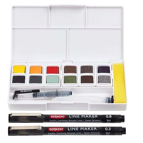 Derwent Line & Wash Paint Set, Professional Quality, Fine Line Pens, Inktense Colors, Art Supplies for Adults, Portable, Travel Set Includes 12 Paint Pans, 2 Line Makers, Mixing Palettes, Sponge - size: 16 Piece Set, style: Line and Wash