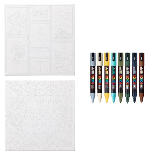 POSCA Canvas Paint by Number Kit, Boho - 8 Acrylic Markers with 2 Pre-Drawn Canvases - Gift Set for Artists, Adults and Kids - color: Boho