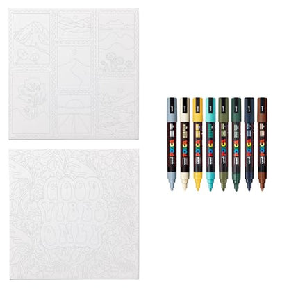 POSCA Canvas Paint by Number Kit, Boho - 8 Acrylic Markers with 2 Pre-Drawn Canvases - Gift Set for Artists, Adults and Kids - color: Boho