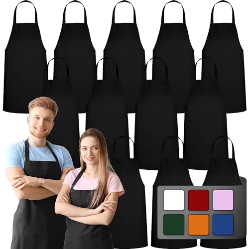 GREEN LIFESTYLE 12 Pack Bib Apron - Unisex Black Aprons, Machine Washable Aprons for Men and Women, Kitchen Cooking BBQ Bulk (Pack of 12, No Pockets, Black) - color: Black, size: Pack of 12, No Pocket