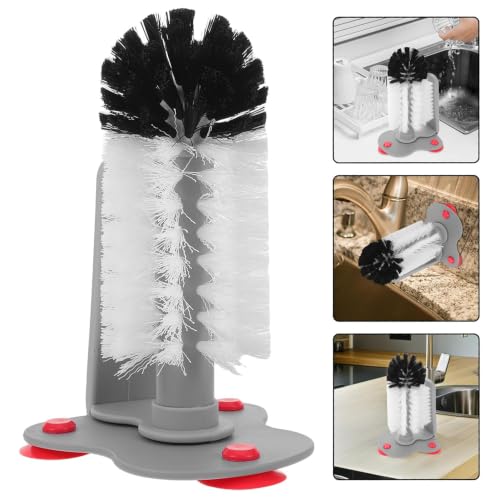 360° Glass Cup Cleaning Brush, Water Bottle Cleaning Glass Washer Cup Sink Washer Brush with Suction Base Bristle Brushfor Sink, Flexible Bristles Double Sided Glass Cup Cleaning Brush (Black+White)