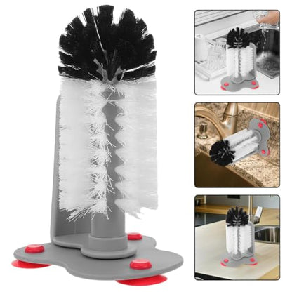 360° Glass Cup Cleaning Brush, Water Bottle Cleaning Glass Washer Cup Sink Washer Brush with Suction Base Bristle Brushfor Sink, Flexible Bristles Double Sided Glass Cup Cleaning Brush (Black+White)