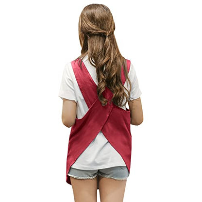 Shortened Design Apron, Japanese Style Soft Cotton Linen Apron with Two Side Pockets, X Cross Halter Aprons, Kitchen Cooking Clothes Gi/ft for Women DIY Project, Crafting, Cooking, Baking(Wine Red) - color: Red, style: 1# Style-rounded Edge
