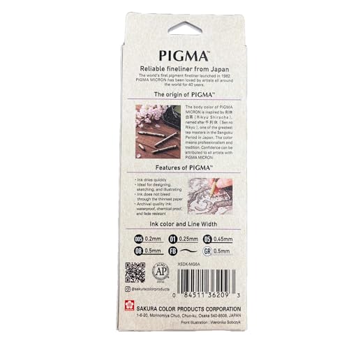 SAKURA Pigma Micron - Pigment Fineliner Pens - 005/01/05/08/GellyRoll 0.5mm/Fine Brush - Paper Case of 6 - Black Ink - style: Manga Set