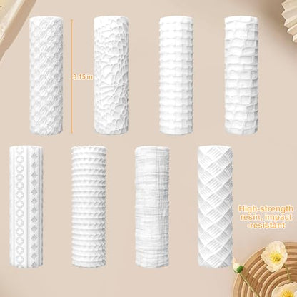 8 Pcs Non-Stick Polymer Clay Texture Rollers (Basic Texture) | Knit, Basket Weave, Stone & Cobblestone Textures, 2 Storage Boxes, Crisp Imprints, Seamless Patterns, Premium Resin - color: Basic Texture