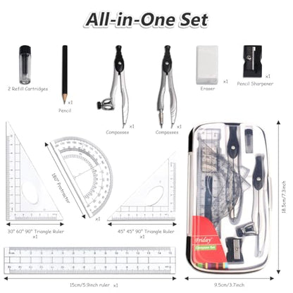 SAYEEC Geometry Set, 10 Pcs Math Protractor Compasses Kit with Ruler, Triangles, Eraser, Sharpener, Lead Refills, Pencil, Storage Box, Drafting Drawing Tools for Architects Engineers Artists