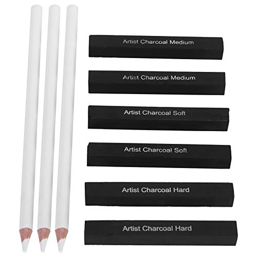White Charcoal Pencils Carbon Drawing Set, 9 Pieces Sketch Painting Accessories - Smooth Shading, Soft Graphite Core, Ideal for Art Students and Artists