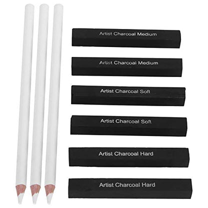 White Charcoal Pencils Carbon Drawing Set, 9 Pieces Sketch Painting Accessories - Smooth Shading, Soft Graphite Core, Ideal for Art Students and Artists