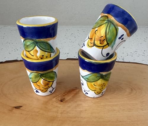 Hand Painted Italian Ceramic Limoncello Glasses - Set of 4 Lemon Shot Cups, Artisan Cordial Glasses, Made in Italy