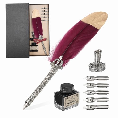 PATIKIL Feather Quill Pen Set, 1 Set Vintage Feather Calligraphy Pen Fountain Dip Pen Set with Ink, Pen Holder and Replacement Nibs for Beginner Writer Writing Gift, Dark Red - color: Dark Red