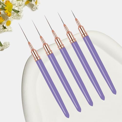 5PCS Liner Brushes for Nails, Nail Art Liner Brushes Set, 6/9/12/15/18mm Thin Detail Brush for Long Lines & Fine Drawing, UV Gel Polish Painting Nail Design Tools - Purple - color: Purple