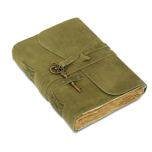 Leather Journal with Deckle Edge Paper 8x6 inch and Vintage Key | Handmade Writing Notebook Diary | Bound Daily Notepad for Men & Women Medium, Sketch/Writing pad for Artists - color: Green, size: 8 x 6, style: Lined Deckle Paper