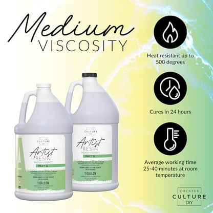 Counter Culture DIY Clear Artist Resin, Medium Viscosity, 2 Gallon Kit, Art Epoxy Supplies for Metallic Stains Acrylic 100% Solids Easy Coat No VOCs Scratch UV Heat Resistant to 500 Degrees - size: 2 Gallon Kit