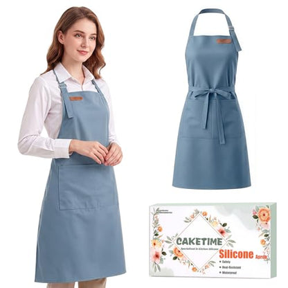CAKETIME Colorful Silicone Leather Aprons for Women Waterproof Cleaning Cooking Baking Kitchen Bids Mother Chef Funny Gifts - color: Blue