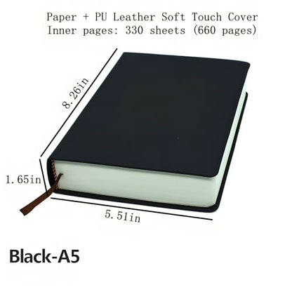 Thick Sketchbook 660 Pages Notebook Soft Faux Leather Cover Journal 80GSM Paper Notepad Drawing Book Memo Writing Sketch Pad Diary Notebook - color: Black, size: A5