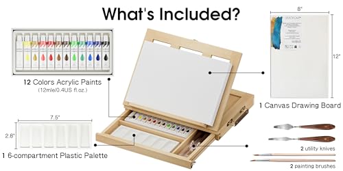 LUCYCAZ Art Easel for Painting, Tabletop Painting Easel Set for Kids, Pine-Wood Portable Easel Stand for Artists with Canvas, Acrylic Paints, Brushes, Palette and Palette Knives for Adults Beginners - style: Easel Set