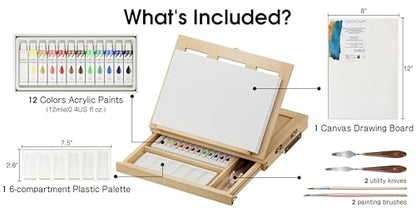LUCYCAZ Art Easel for Painting, Tabletop Painting Easel Set for Kids, Pine-Wood Portable Easel Stand for Artists with Canvas, Acrylic Paints, Brushes, Palette and Palette Knives for Adults Beginners - style: Easel Set
