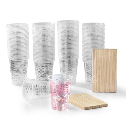 120pcs 8oz Graduated Clear Plastic Resin Epoxy Paint Measuring Cups with 120pcs Wooden Stirring Sticks for Mixing Paint, Pigments, Epoxy Resins, Resins